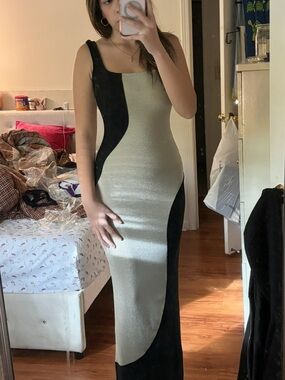 Two-Tone Black and Champagne Maxi Dress with Sculpted Silhouette